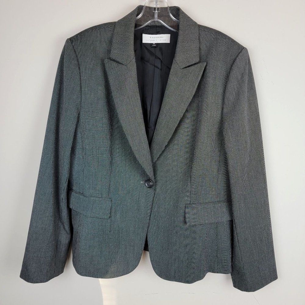 Tahari Black Checker Single Breasted One Button Peak Lapel Collar Blazer Size 14